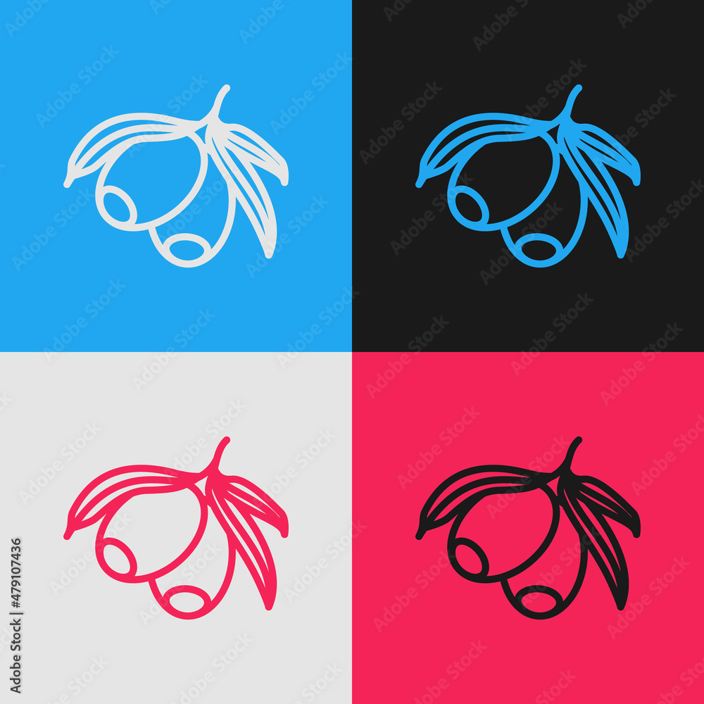 Poster pop art line olives branch icon isolated on color background. vector