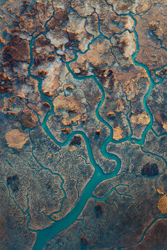 Aerial view of a river delta in the Pacific Northwest, USA