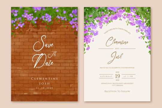 Set of wedding invitation template with watercolor bougainvillea flower brick wall landscape