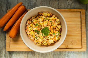 I LOVE FOOD SERIES. Latin American food on a wooden table with fresh, healthy and natural ingredients, such as corn, red pepper, and salad.