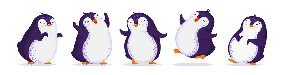 Set of cute dancing penguins in different poses. Vector illustration in cartoon style. All elements are isolated. White background.