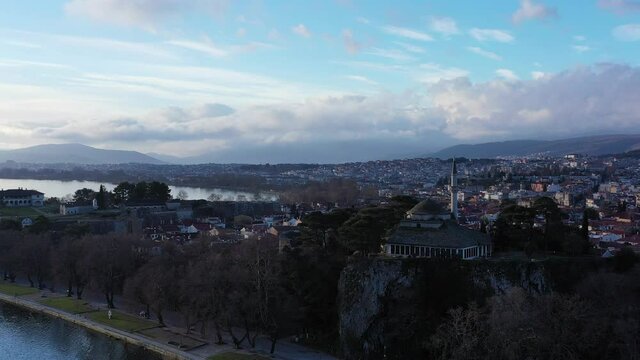 Aerial view of Ioannina city in Greece, Aslan Pasha Tzami, the lake with the island of Kyra Frosini or nissaki.