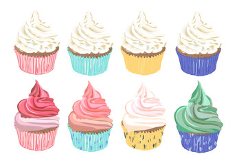 Set of colorful cartoon cupcake isolated for your design. Vector illustration.