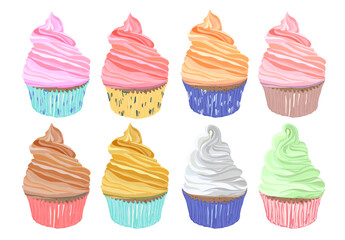 Set of colorful cartoon cupcake isolated for your design. Vector illustration.