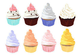 Set of colorful cartoon cupcake isolated for your design. Vector illustration.