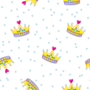 Seamless pattern with cute golden king or princess crowns. Tiara and pearls in a fun childish style. Vector illustration for print clothes, cards, textiles.