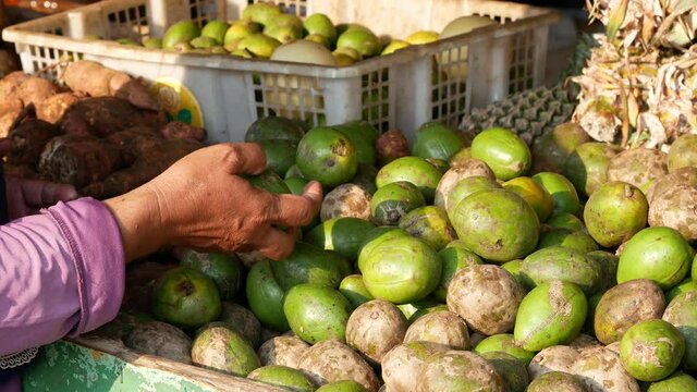 An Indonesian woman is choosing fruit in a traditional wet market.