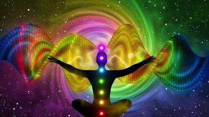 Silhouette of meditating person with abstract DNA effect - Powered by Adobe