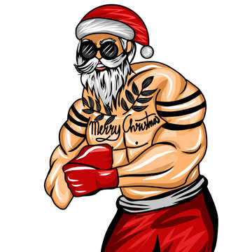 Santa gifting box. Digital painting muscular santa with christmas costum. christmas party