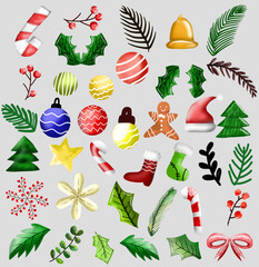 Set of watercolor christmas decoration ornament. christmas element design