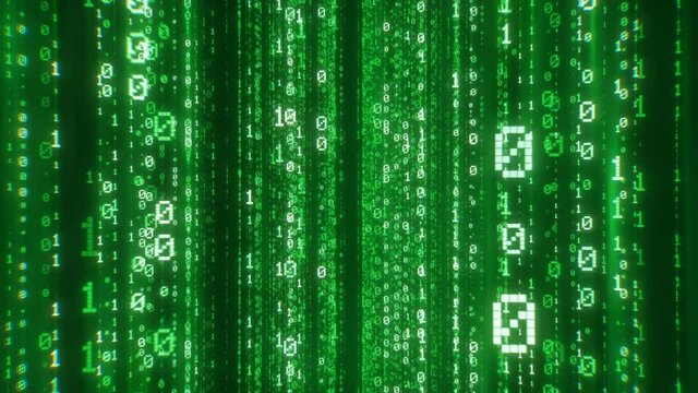 Camera navigating into a curtain of vertical digital green binary digits. Big data flow futuristic looping background

