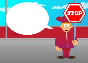 Fat male cartoon chef in uniform holding a stop sign. Vector illustration.