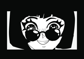 Poster with anime girl face in manga style. Black and white character for tattoo or t-shirt print.