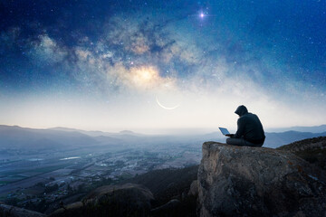 silhouette of a person sitting on the top of the mountain with a laptop and Milky Way background.