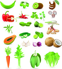 Set of fruits and vegetables. Fresh food, healthy eating concept. Vector illustration