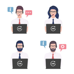 Call center operator set. Online support service. Colored vector flat illustration. Isolated on white background.