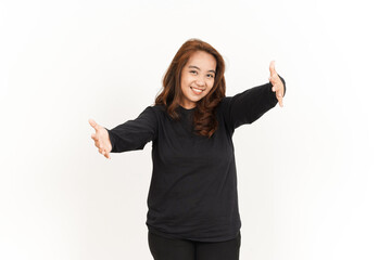 Give hug Open arms Of Beautiful Asian Woman Wearing Black Shirt Isolated On White Background