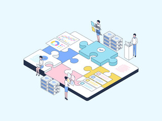 Obraz premium Business Teamwork Isometric Illustration Lineal Color. Suitable for Mobile App, Website, Banner, Diagrams, Infographics, and Other Graphic Assets.