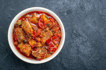 top view vegetable soup with meat inside plate on a grey background soup meat meal dinner
