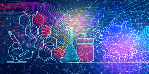Medical industry, biotechnology and biochemistry thin lines style banner with human head silhouette