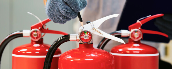 Fire extinguisher, Engineer inspection checking pressure gauge level fire extinguisher tank for...