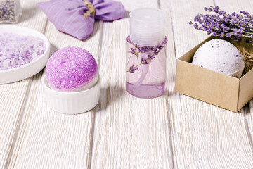 Lavender bath bombs, sea salt, aromatherapy sleep spray, fragrant and healthy spa products with...