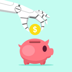 The robotic hand holding the money in the piggy bank. Saving money using the automatic system. vector illustration for banner, poster, and background.