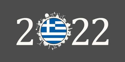 2022 year number with industrial icons around zero digit. Flag of Greece.