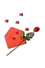a letter with a red rose and red little hearts which represents a lovely gesture.