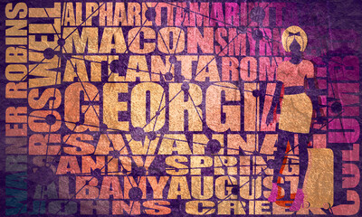 Fototapeta premium Woman traveler standing with baggage. Georgia state cities on backdrop