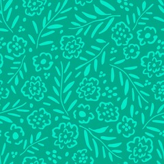 Simple vector floral seamless pattern in rural style. Small light flowers, twigs, leaves on a green-blue background. For printing on textiles, wrapping paper, clothing, bedding, stationery.