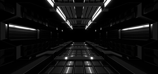 A dark tunnel lit by white neon lights. Reflections on the floor and walls. 3d rendering image.