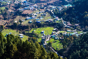 Aerial view of the city of Pithoragarh, situated in the mountains of Uttarakhand.