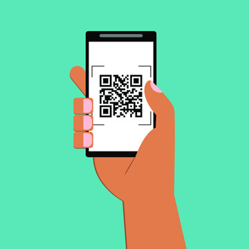 Hand scanning QR code in mobile phone. Barcode, qrcode scanning in app of smartphone. Scan ID payment in phone. Flat online payment. vector