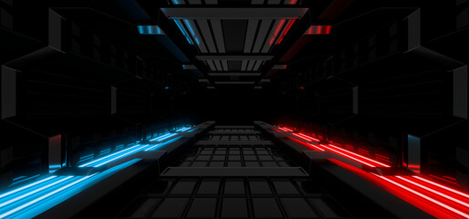 Fototapeta premium Sci Fy neon lamps in a dark corridor. Reflections on the floor and walls. 3d rendering image.