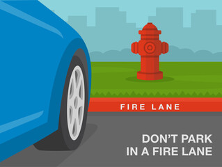 Outdoor parking rules. Red colored curb meaning. Perspective close-up view of vehicle front tires. Don't park in a fire lane. No parking area. Flat vector illustration template. - obrazy, fototapety, plakaty