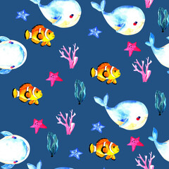 Fototapeta na wymiar Seamless watercolor underwater life pattern. Boundless pattern can be used for web page backgrounds, wallpapers, wrapping papers, invitation and summer designs.