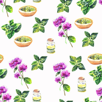 Seamless pattern Made of Hand Drawn Culinary Herbals. Colored Leaves and Twigs with no Contour. Watercolor Oregano Parts. For Culinary pattern and other Products, Posters, Designs.
