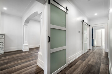 Empty beautiful old style modern renovated apartment in 2 floors Canadian house with nice equipped contemporary kitchen with appliances, stove, fridge, washer and dryer, new bathroom and powder room