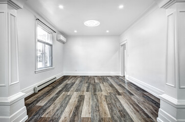 Empty beautiful old style modern renovated apartment in 2 floors Canadian house with nice equipped contemporary kitchen with appliances, stove, fridge, washer and dryer, new bathroom and powder room