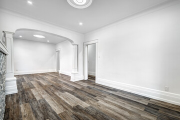 Empty beautiful old style modern renovated apartment in 2 floors Canadian house with nice equipped contemporary kitchen with appliances, stove, fridge, washer and dryer, new bathroom and powder room