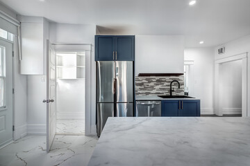 Empty beautiful old style modern renovated apartment in 2 floors Canadian house with nice equipped contemporary kitchen with appliances, stove, fridge, washer and dryer, new bathroom and powder room