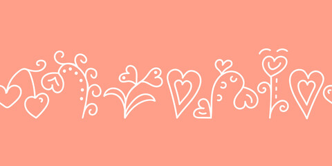 Seamless border heart flowers, hand drawing, doodles for Valentine's Day, birthday and more.