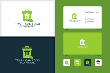 trash can design logo and business card design template. premium vectors.