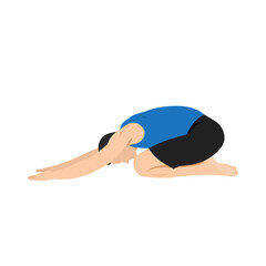 Man doing Child's pose stretch exercise. Flat vector illustration isolated on white background