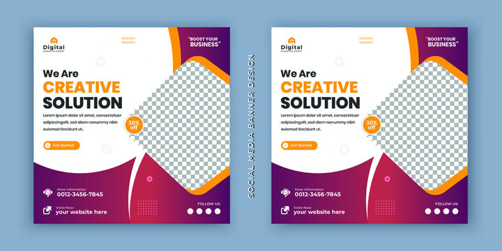 We are creative solution digital business marketing social media banner and minimalist square flyer poster. promotional mockup photo vector frame and fully editable vector web banner template