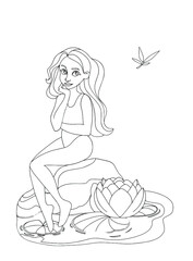 Vector illustration of a cute miniature girl coloring book. Black and white lines.