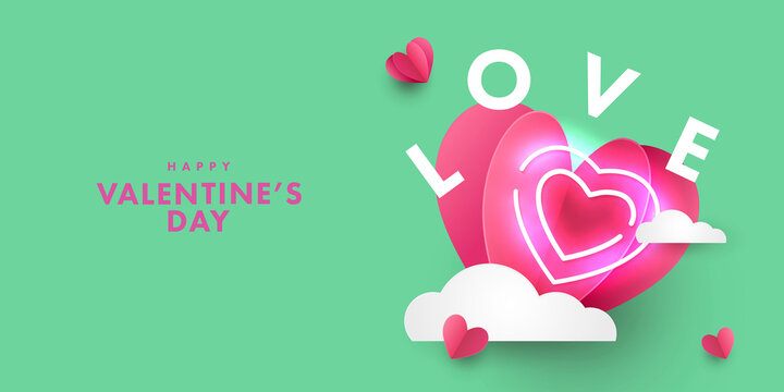 Romantic creative design of Happy Valentine's Day card. Realistic 3d origami paper hearts over clouds and heart shaped neon symbol. Festive banner, sale poster, social media or promo template.