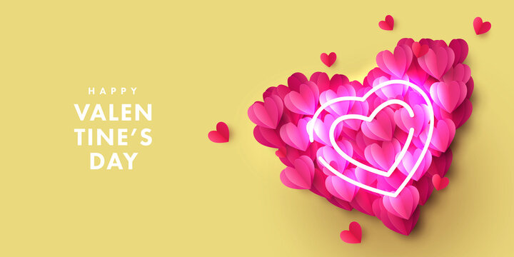 Romantic creative design of Happy Valentine's Day card with big pink red realistic 3d Origami heart made of many beautiful hearts and heart shaped neon symbol. Festive banner, promo or sale poster