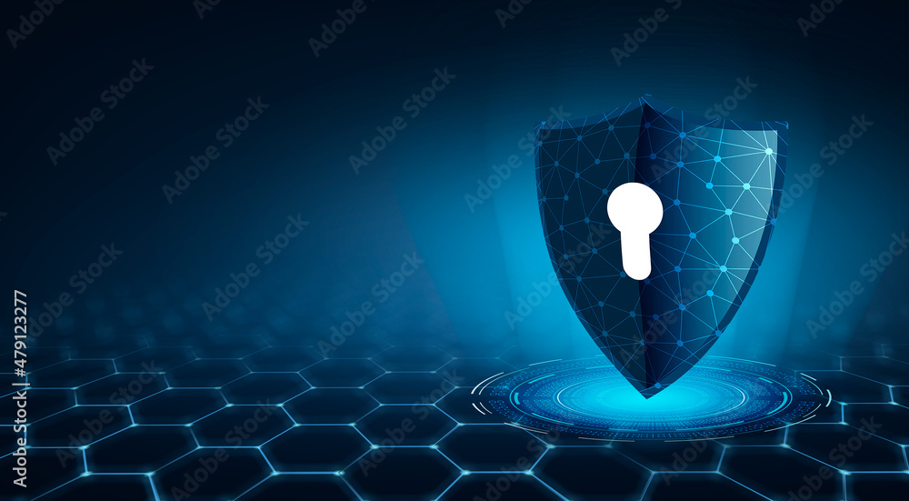 Poster shield with key inside on blue background the concept of cybersecurity the internet